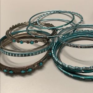 Set of silver and teal bangle bracelets